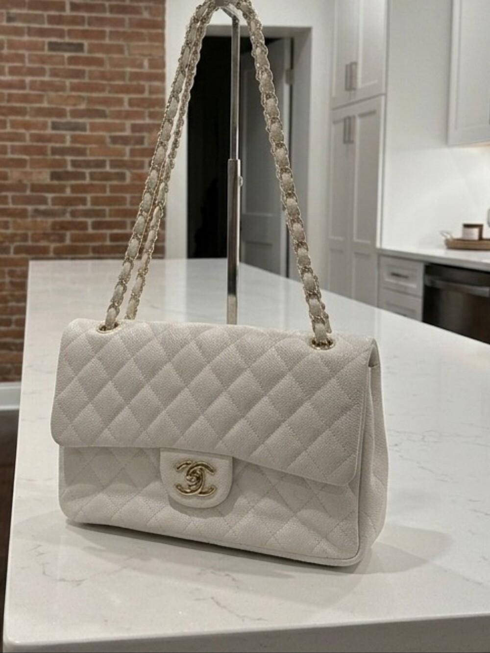 CC Quilted Flap Shoulder Bag in Cream-White with Gold Hardware Red Interior